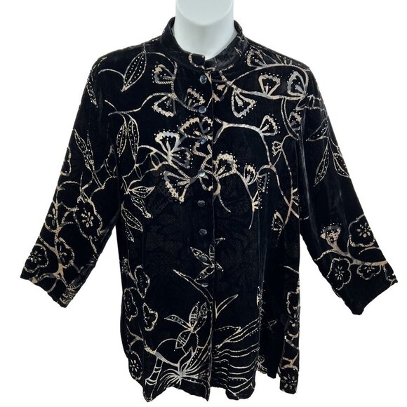 Chicos Design Womens 3 L Black Silk Velvet Burnout Jacket Mandarin Collar Tunic - Picture 1 of 15